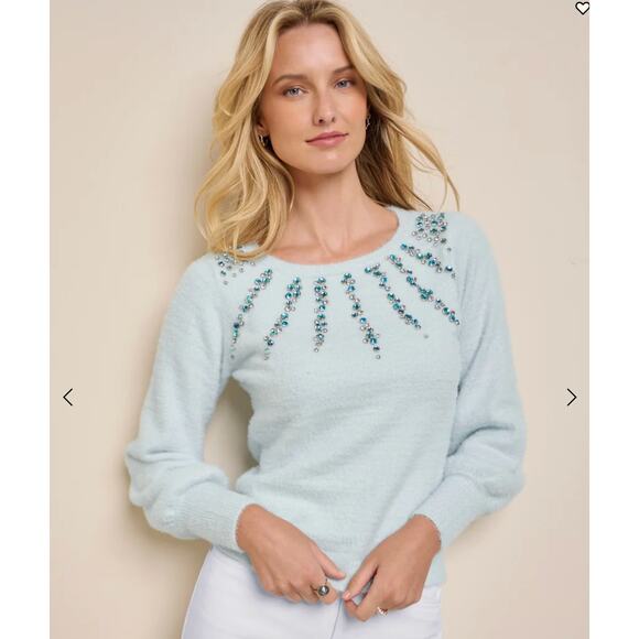 VENUS Sky Light Blue Jeweled Feather-Soft Long Sleeve Winter Sweater, XL - Picture 1 of 6